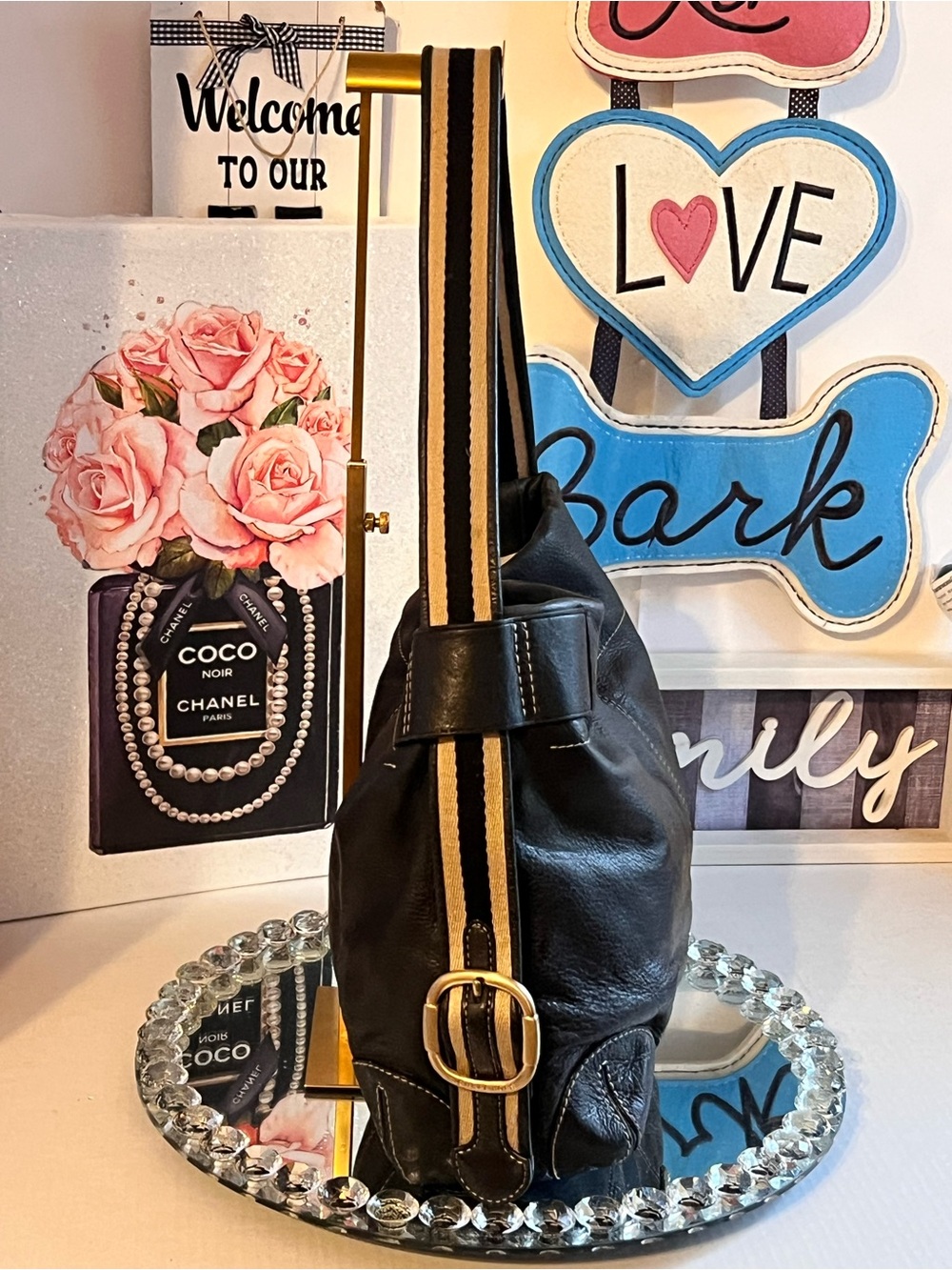 Michael Kors Black pebble Leather Shoulder Bag with Striped Strap - Picture 3 of 12
